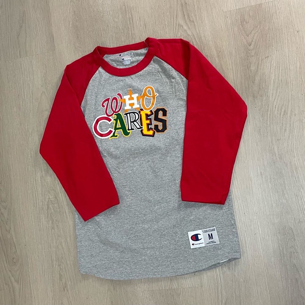 WORN Champion (MLB Logos) Who Cares 3/4 Sleeve Tee “Grey / Red”